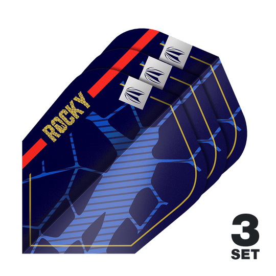 Das Bild zeigt drei Sätze der Target Pro Ultra Josh Rock GEN1 Ten-X Flights. Die Flights sind dunkelblau mit goldenen, roten und blauen Akzenten und dem Schriftzug "ROCKY".