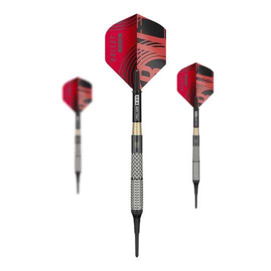 Ein Set Target Stephen Bunting GEN5 Void Softdarts - 18g ist abgebildet. Auf dem Bild sieht man alle Bestandteile des Dartsets.
