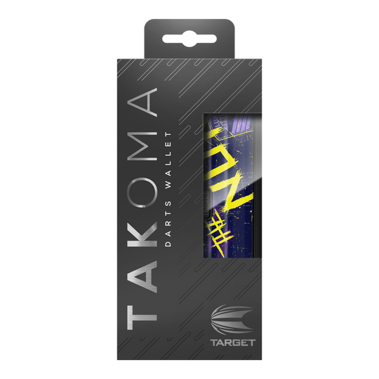 Target Takoma Luke Littler dart case Die Abbildung zeigt die Verpackung des "Target Takoma Luke Littler Dartcase". Die Schachtel ist überwiegend schwarz mit silberner Schrift und einem Sichtfenster, das einen Teil des Dartcase-Designs zeigt.