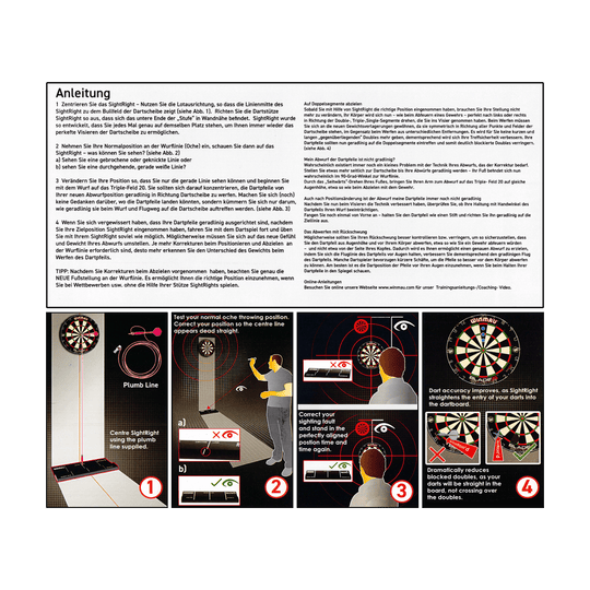 8207_Winmau_SightRight2_4 Das Bild zeigt die Anleitung und Anwendungshinweise für das Produkt "Winmau SightRight 2" zum Dartspielen. Es erklärt Schritt für Schritt, wie man seine Wurf-Position korrigiert, um eine genaue Ausrichtung auf das Dartboard zu erreichen.