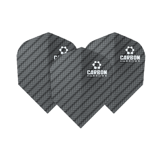 HR51_Harows_Carbon_No6_Flights_Grau_11lMcTDDdTAiPo Das Bild zeigt die Harrows Carbon Flights HR51 mit einem schwarzen Karbonmuster. Auf den Flights steht der Schriftzug „CARBON HARROWS“.