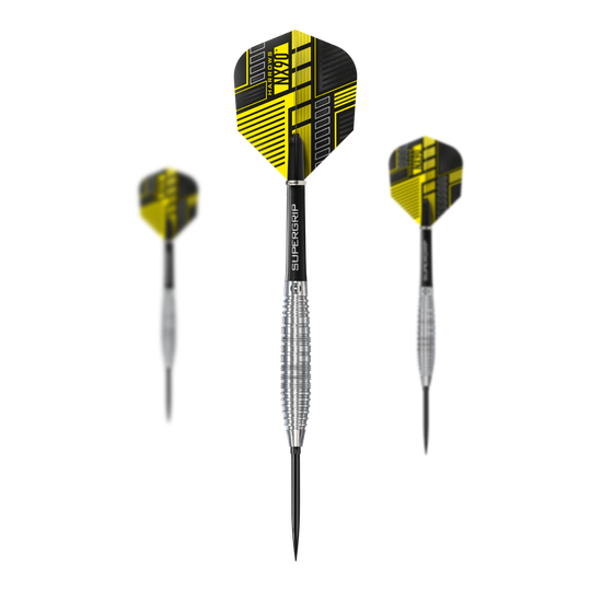 Das Bild zeigt das Set Harrows NX90 Bomb Quick Point Steeldarts. Es handelt sich um spezielle Steeldarts für das Präzisionsspiel.