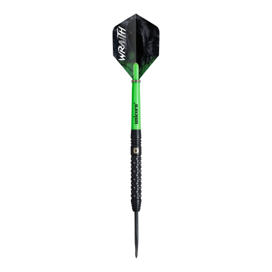 Unicorn Wraith steel darts Ein Unicorn Wraith Steeldart ist einzeln zu sehen. Die Struktur und der Schaft sind herausgearbeitet.