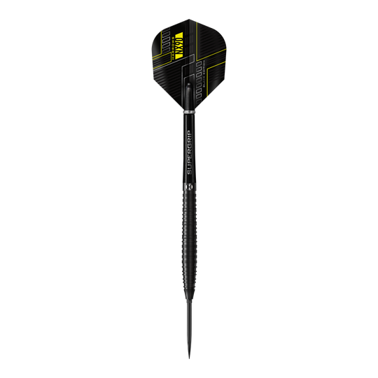 Das Bild zeigt die Harrows NX90 Black Edition Tapered Quick Point Steeldarts. Abgebildet ist das Produkt aus nächster Nähe.