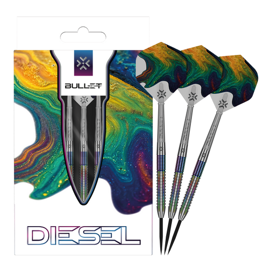 Dies ist ein Bild der Bullet Diesel V2 Steel Darts. Die Darts sind für den Einsatz beim Steeldart geeignet.