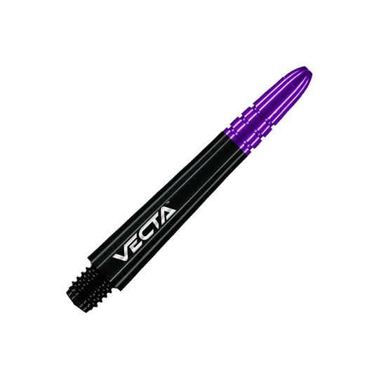 Winmau Vecta Shafts - Schwarz Lila Das Bild zeigt einen schwarzen Dartshaft mit einer lila Spitze. Auf dem Schaft steht das Wort "VECTA" in weißen Buchstaben.