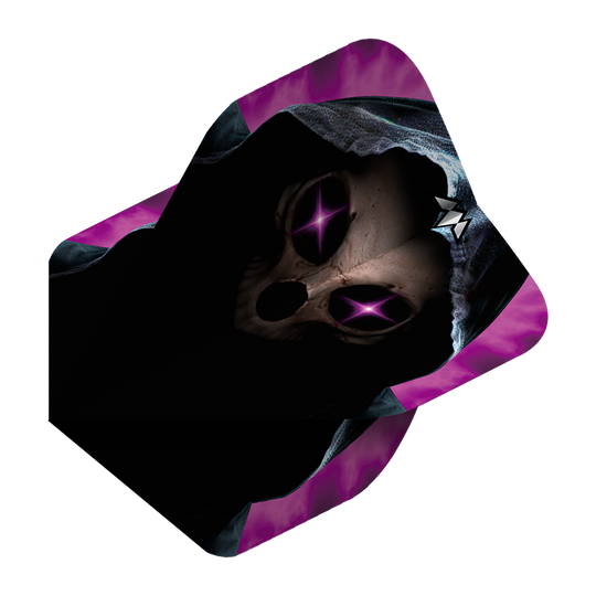 Das Bild zeigt das Produkt "Mission Solo Phantom No2 Standard Flights". Auf der Flight ist ein düsteres, maskenartiges Gesicht mit leuchtenden, lilafarbenen Augen und violetter Umrandung abgebildet.