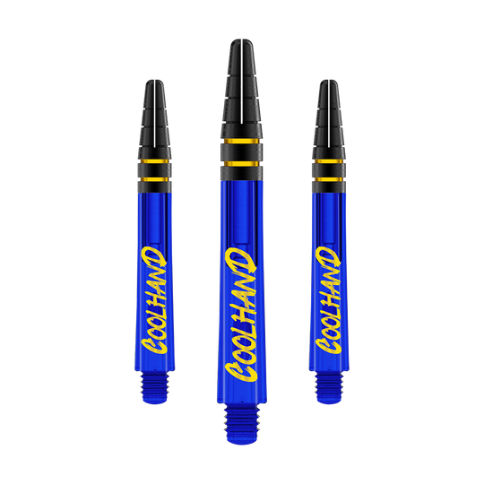 Red Dragon Nitrotech Luke Humphries Coolhand Shafts - Blue Das Bild zeigt drei blaue Dartschäfte mit der gelben Aufschrift "COOLHAND". Die Schäfte haben schwarze und goldene Ringe am oberen Ende.