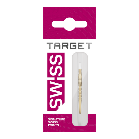 Target Signature Swiss Point TRB steel dart tips - gold Drei goldene Target SwissPoint Signature TRB Dartspitzen mit 30mm Länge werden dargestellt. Die Spitzen liegen nebeneinander.