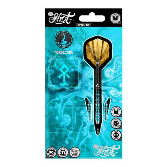 Gezeigt werden die Shot Alchemy Volta Steeldarts. Das Produkt ist zum Spielen auf Steeldart-Scheiben geeignet.