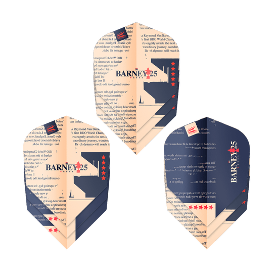 Target ProUltra Raymond Van Barneveld Barney25 No6 Flights Das Bild zeigt drei Dart-Flights des Produkts "Target ProUltra Raymond Van Barneveld Barney25 No6". Die Flights sind in Dunkelblau und Beige gestaltet und mit Text, Sternen sowie der Aufschrift "BARNEY25" verziert.