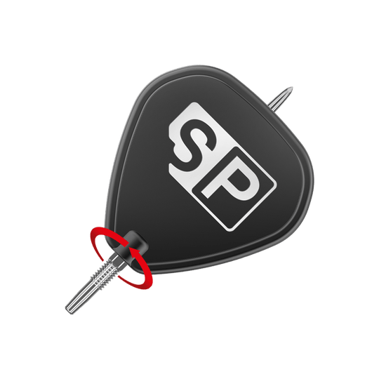 Target Swiss Point GRD Silver dart tips Das Bild zeigt eine silberne Dartspitze der Marke "Target Swiss Point GRD". Die Spitze ist an einem schwarzen Flightschutz mit den Buchstaben "SP" befestigt.
