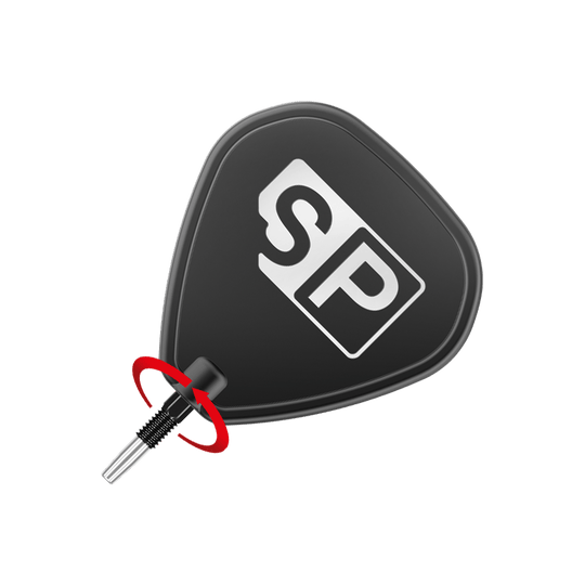 Target Swiss Point Nano Dartspitzen - Black Das Bild zeigt eine schwarze Dartspitze mit einem weißen "SP"-Logo darauf. Ein roter Pfeil deutet auf eine Drehbewegung am unteren Teil der Spitze hin.
