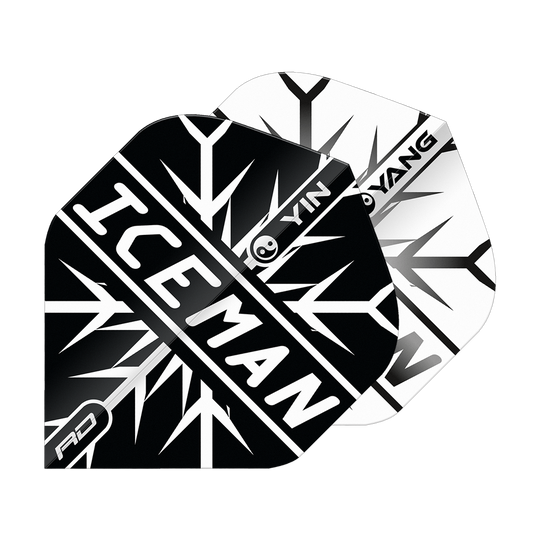 Red Dragon Gerwyn Price Iceman Black White Yin Yang Standard Flights Das Bild zeigt zwei Dart-Flights in Schwarz und Weiß mit einem Yin-Yang-Design. Auf dem vorderen Flight steht in großen Buchstaben „ICEMAN“.