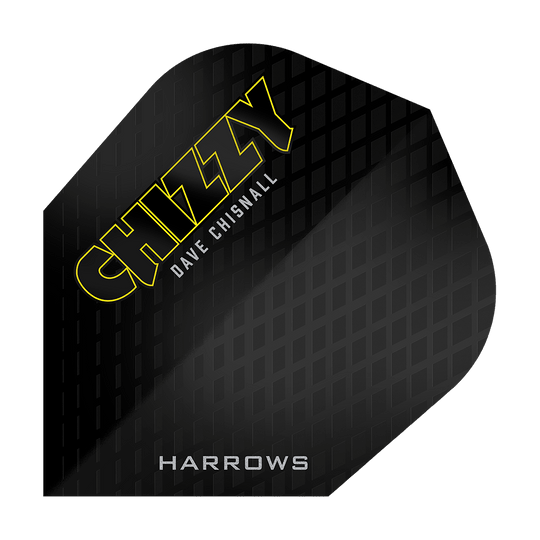 Harrow's Dave Chisnall Chizzy Series 3 Flights Das Bild zeigt ein schwarzes Dartflight mit einem Muster und der Aufschrift "CHIZZY DAVE CHISNALL" in gelben und weißen Buchstaben. Unten steht außerdem das Wort "HARROWS".