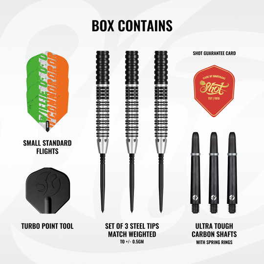 Das Bild zeigt mehrere Shot Pro Series Willie O'Connor Magpie Steeldarts. Die Darts sind nebeneinander angeordnet.