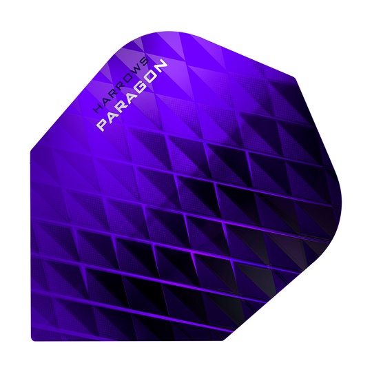 Das Bild zeigt ein Harrows Paragon Purple No2 Standard Flight für Dartpfeile. Das Flight ist in einem auffälligen lila Farbton mit geometrischem Muster gestaltet.