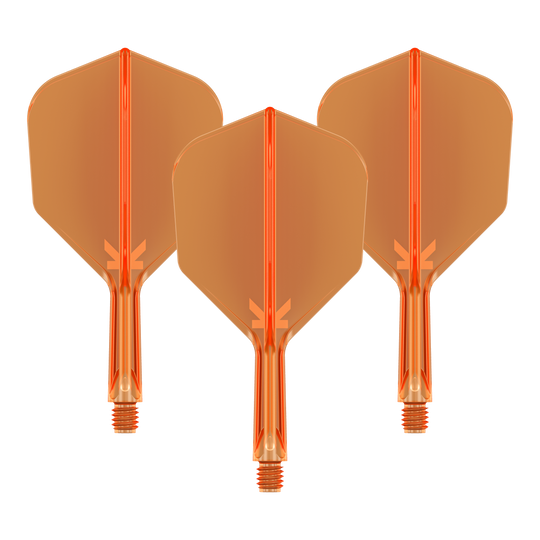 Target K-Flex No6 Flight System - Neon Orange Auf dem Bild sind drei neonorange Darts-Flights mit Schaft zu sehen. Sie sind nebeneinander angeordnet und haben eine transparente Optik.