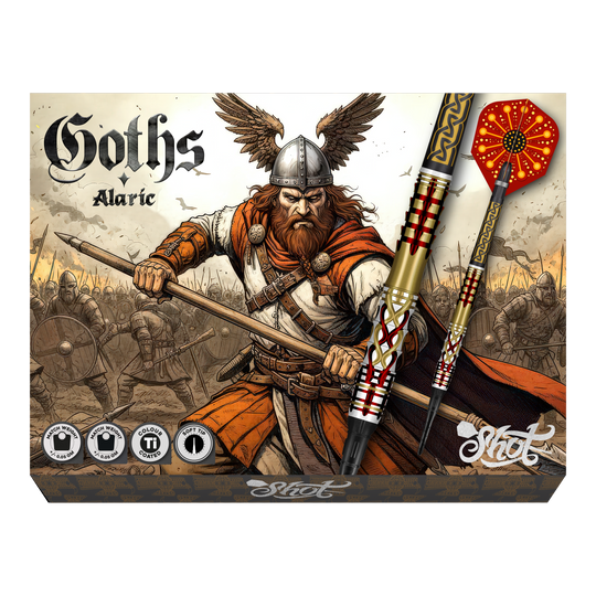 Shot Goths Alaric Soft Darts - 20g Abgebildet sind Shot Goths Alaric Softdarts mit einem Gewicht von 20g. Die Darts eignen sich perfekt für das Softdart-Spiel.