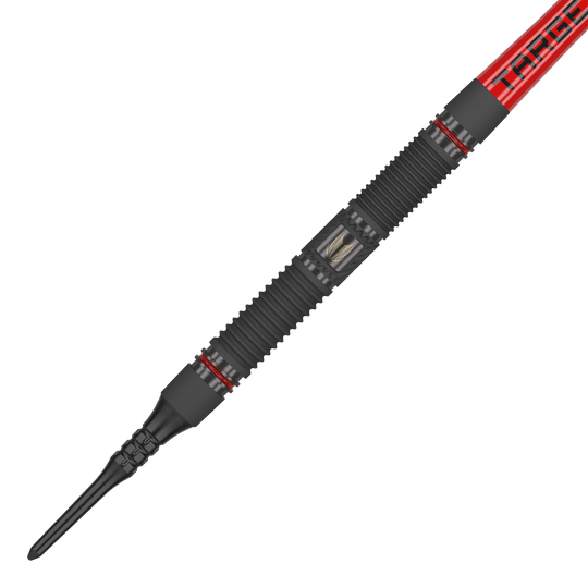 Target Scope 10 Soft Darts Das Bild zeigt einen Target Scope 10 Softdart mit einem schwarzen, geriffelten Griff und roten Akzenten. Der Dart hat eine rote Fliege mit der Aufschrift "TARGET".
