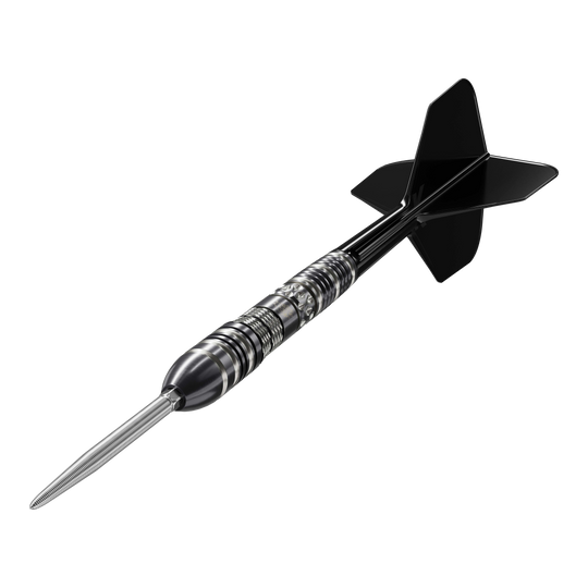 Das Bild zeigt einen Target Black Marque Dragon 3 Swiss Point Steeldart. Der Dart ist schwarz-silber und hat eine scharfe Stahlspitze sowie schwarze Flügel.