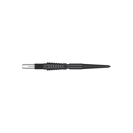 Target Swiss Storm LNC dart tips - Black Auf dem Bild ist eine schwarze Dartspitze mit geriffeltem Griff zu sehen. Sie ist lang und hat an einem Ende ein silbernes Verbindungsstück.
