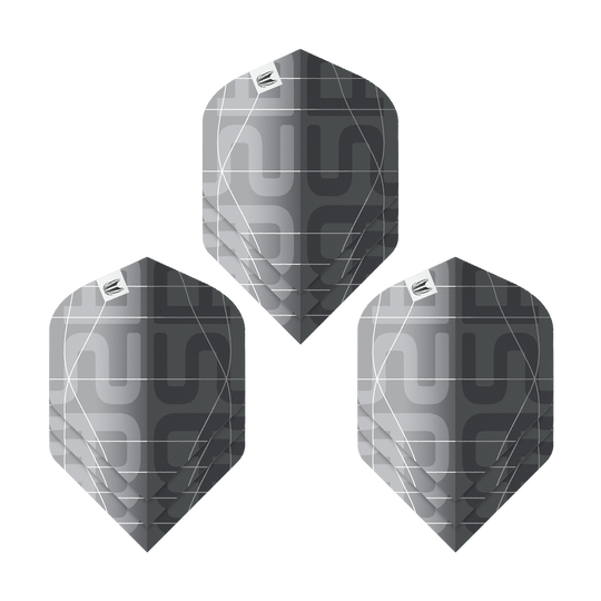 Target Pro Ultra Aspinall X Echo No2 Standard Flights - 3 sets Das Bild zeigt drei schwarze und graue Dartflights mit modernem Muster. Es handelt sich um das Produkt "Target Pro Ultra Aspinall X Echo No2 Standard Flights - 3 Sets".