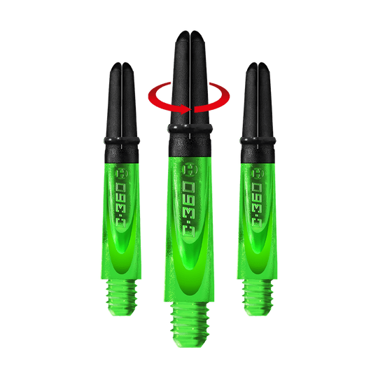 Auf dem Bild sind drei grüne Harrows Carbon 360 Shafts zu sehen. Sie sind für Dartpfeile und haben schwarze Oberteile.