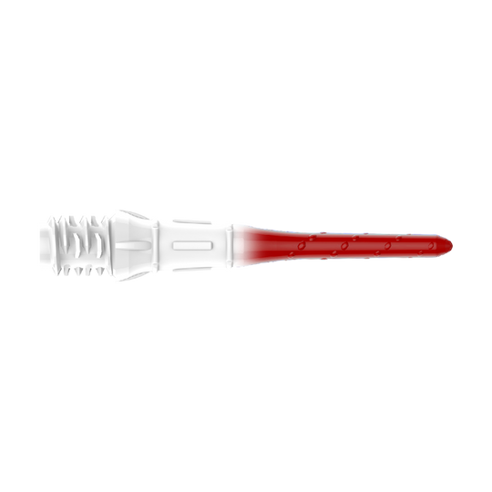 L-Style Premium Lippoint Gradiation Dart Tips (Pack of 30) Das Bild zeigt eine Dartspitze mit einem Farbverlauf von Weiß zu Rot. Die Spitze hat ein gezacktes Gewinde auf der linken Seite und ist glatt auf der rechten Seite.