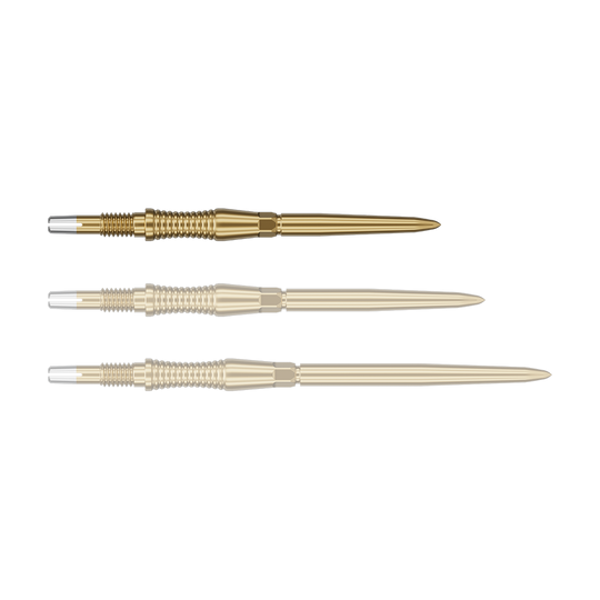 Target Swiss Point Dart Tips Signature RST - Gold Das Bild zeigt eine Darts-Spitze von Target in Gold, vermutlich aus der Swiss Point Signature RST Serie mit 30mm Länge. Die Spitze hat ein detailliertes Design und reflektiert das Licht.
