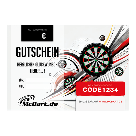 Voucher - Dartboards Das Bild zeigt einen Geschenkgutschein für Dartboards von McDart.de. Auf dem Gutschein sind mehrere Dartboards sowie ein Gutscheincode abgebildet.
