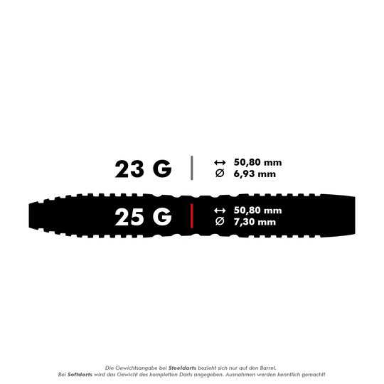 Winmau Joe Cullen 85 Pro-Series steel darts Das Bild zeigt die Spezifikationen von Steeldarts in zwei Gewichtsklassen: 23 Gramm und 25 Gramm. Die Länge beträgt jeweils 50,80 mm, während der Durchmesser bei 23 Gramm 6,93 mm und bei 25 Gramm 7,30 mm beträgt.