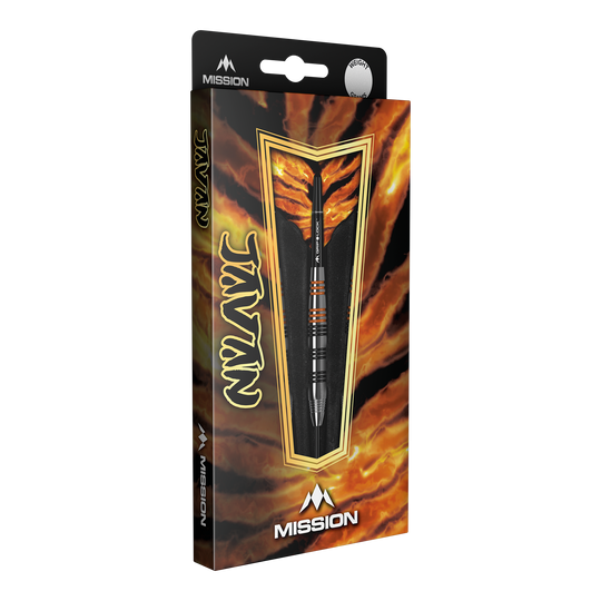 Mission Javan Brass Steel Darts - 22g Die Abbildung zeigt die Verpackung der Mission Javan Brass Steeldarts mit einem Gewicht von 22g. Das Design ist auffällig und besitzt feurige Farben mit dem Produkt im Vordergrund.