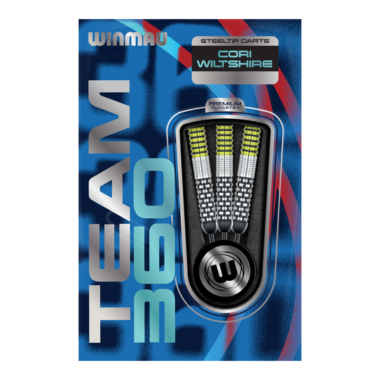 Gezeigt werden die Winmau Team 360 Cori Wiltshire Steeldarts, 24g schwer. Die Darts bieten hervorragende Kontrolle und Präzision beim Spielen.