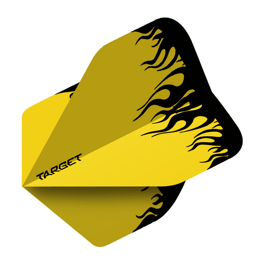 TG83_Target_Yellow_Flame_No2_Standard_Flights_2 Das Bild zeigt das Produkt „Target Yellow Flame No2 Standard Flights“. Die Dart-Flights sind gelb mit schwarzen Flammen und dem Schriftzug "Target".