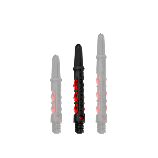 HR432_Harrows_Carbon_ST_Shafts_Rot_40mm_1ZiisrhfNIARLO Das Bild zeigt drei schwarze Harrows Carbon ST Shafts mit roten Akzenten in verschiedenen Längen. Die Schrift "CARBON ST" ist auf den Schäften zu sehen.