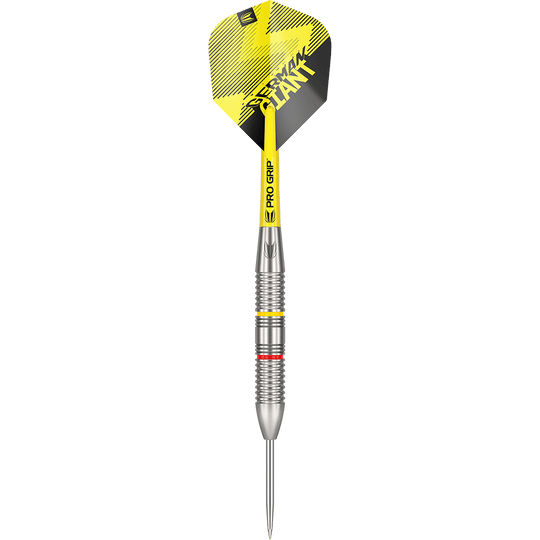170005_Target_Gabriel_Clemens_Brass_Steeldarts_1BNpPg6TVQ9F3I Dies ist ein Target Gabriel Clemens Brass Steeldart mit 22 Gramm Gewicht. Der Dart hat gelbe und schwarze Designelemente sowie auffällige Grip-Ringe am Barrel.