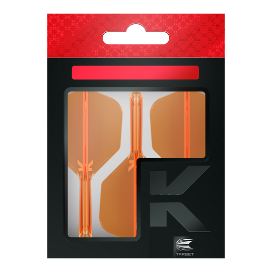 Target K-Flex No6 Flight System - Neon Orange Die Verpackung zeigt drei neonorange Dart-Flights der Marke Target. Das Design ist modern mit einem schwarz-roten Hintergrund und einem großen "K" auf der Vorderseite.