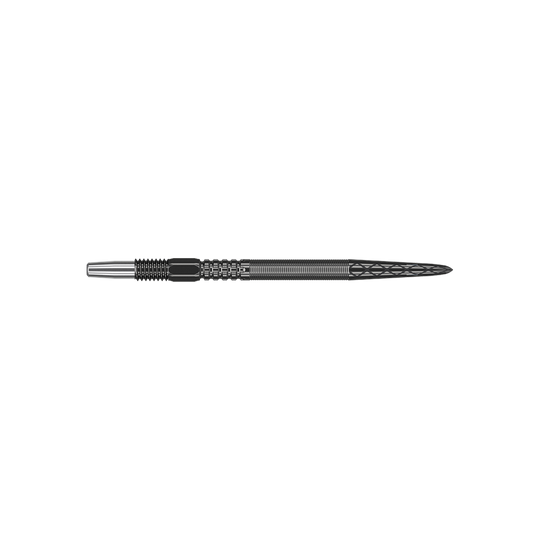 340053_Target_Swiss_Point_DX_Black_Dartspitzen_30mm_2 Das Bild zeigt eine schwarze Dartspitze mit feinen Rillen und einem gezackten Muster. Sie ist schmal und wirkt wie für präzises Werfen entworfen.