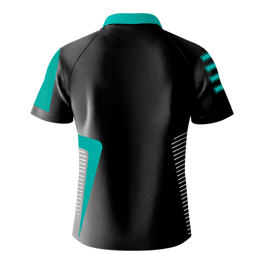 Bulls Team Dart Shirt - Mint Das Bild zeigt das "Bulls Team Dartshirt - Mint" von hinten. Das Shirt ist überwiegend schwarz mit mintfarbenen und weißen Akzenten.