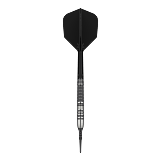 Das Bild zeigt einen Softdart mit schwarzer Spitze, schwarzem Shaft und Flight sowie einem silbernen, strukturierten Barrel. Es handelt sich um den "Target Japan Black Marque Lumiere GEN3 Softdarts - 18,5g".