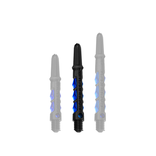 HR414_Harrows_Carbon_ST_Shafts_Blau_40mm_1ABUnMsKNMivIX Das Bild zeigt drei blaue Harrows Carbon ST Shafts in unterschiedlicher Länge. Sie sind schwarz mit blauen Akzenten und haben eine robuste, moderne Optik.