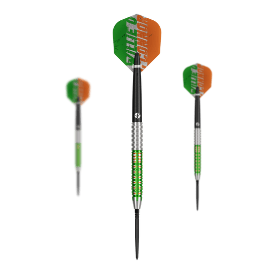 Shot Pro Series Willie O'Connor Turbo Point Steeldarts. Das Bild zeigt ein Set Steeldarts mit eingeprägtem Playernamen.