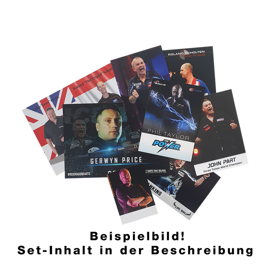 Das Bild zeigt ein Set von Spielerkarten mit bekannten Dartspielern. Auf den Karten sind Fotos und Namen der Spieler abgebildet.