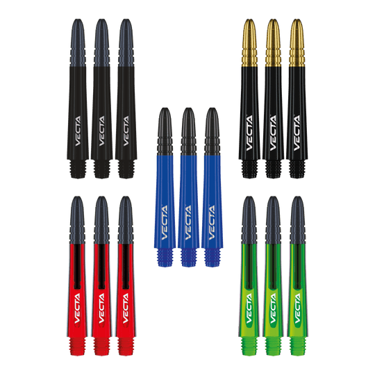 Winmau Vecta Shaft Collection Das Foto zeigt die Winmau Vecta Shaft Collection. Die Sammlung umfasst verschiedene Dartschäfte.