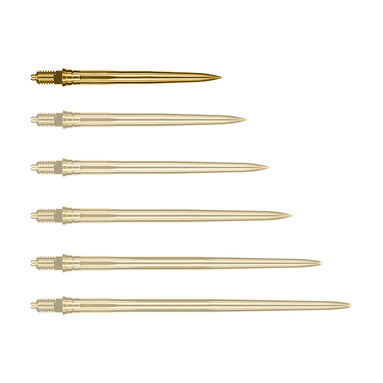 Caliburn EZ-EVO dart tips - Smooth - Gold Auf dem Bild ist eine einzelne goldene Dartspitze zu sehen, vermutlich 28mm lang. Es handelt sich um eine Caliburn EZ-EVO Dartspitze der Variante Smooth.