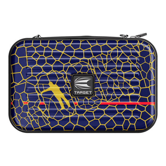 Target Takoma Josh Rock XL dart case Das Bild zeigt ein Dartcase mit dem Namen "Target Takoma Josh Rock XL Dartcase". Das Etui ist dunkelblau mit einem gelben Wabenmuster und hat in der Mitte ein Target-Logo.