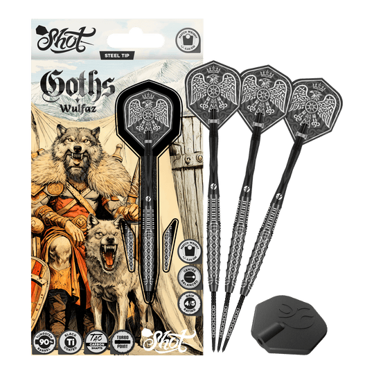 Shot Goths Wulfaz Turbo Point Steel Darts - 23g Auf diesem Bild sieht man die Shot Goths Wulfaz Turbo Point Steeldarts - 23g in voller Ansicht. Das Design ist auffällig und für Dart-Fans interessant.