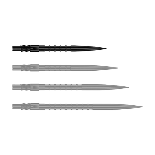 Das Bild stellt QP33164 Harrows Quick Point HeavyMetalGrip Dartspitzen Schwarz 26mm dar. Diese Dartspitzen sind schwarz und besitzen einen starken Metallgriff.