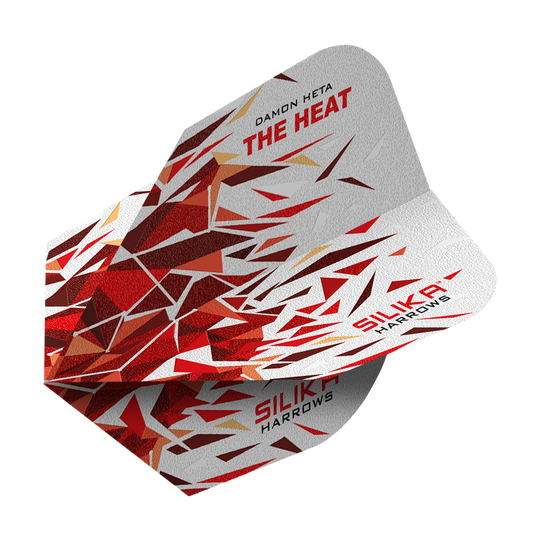 Harrows Silika Damon Heta 2 Solid Tough Crystalline Coating No6 Flights Dies ist ein Harrows Silika Damon Heta 2 Solid Tough Crystalline Coating No6 Flight. Das Flight-Design zeigt ein auffälliges Muster in Rot-, Weiß- und Goldtönen mit den Aufschriften "THE HEAT" und "SILIKA".